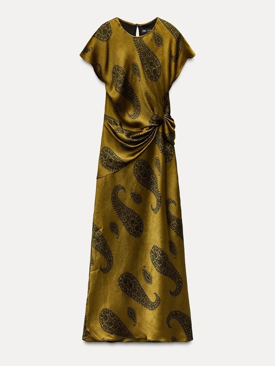 Zara Dresses & Skirts - Zara Olive Paisley Satin Maxi Dress with Knot Detail